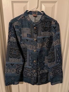 Tudor Court Blue Patchwork Tapestry Print Women's Blazer Size XL